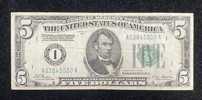 1928 $5 Boston Federal Reserve Redeemable In Gold Note - Image 1 of 2