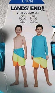 Land's End LG Boy's 2- Piece Hooded Pocket UPF 50 Quick Dry Swim Set Size 14/16 - Picture 1 of 11