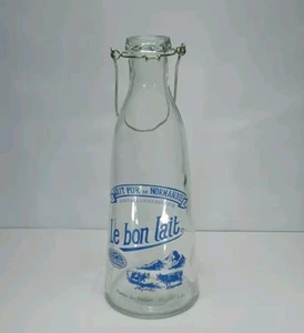 French Lait Pur de Normandie Le bon Lait Milk Bottle Wire Swing NO TOP Vtg Glass - Picture 1 of 7