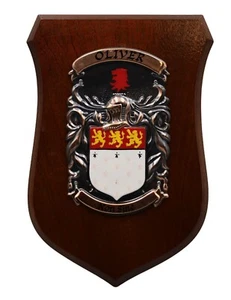 "Escudo de armas de la familia ""Oliver"" escudo cresta placa de nogal bronce pintado a mano" - Imagen 1 de 3