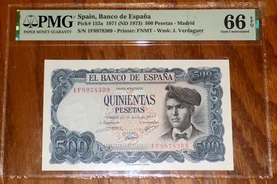 Spain 1971 500 Pesetas PMG Certified Banknote UNC 66 EPQ Pick 153a Spanish Note - Image 1 of 4