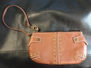 Vintage MICHAEL KORS Astor Brass Studded Brown Leather Wristlet - Picture 1 of 14