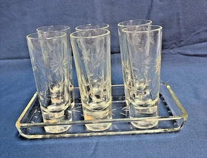 Highball Cocktail Tumblers w/Tray 4.5" Set of 6 Etched Tray 8"x4" - Picture 1 of 6