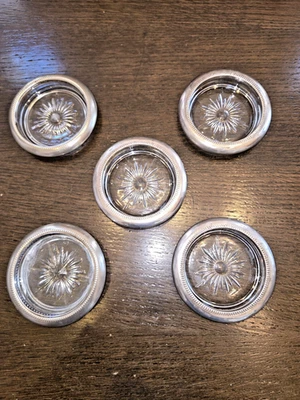 5 porta-copos de vidro banhados a prata 4" corte Starburst borda frisada utensílios de bar vintage - Imagem 1 de 4