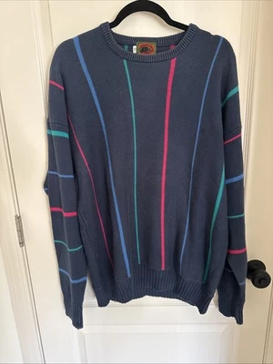 Suéter de Colección Boston Traders Para Hombre XL Azul Verde Rosa Tejido a Rayas Algodón Abuelo Foto 1 de 4