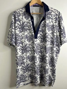 Greyson Polo Shirt Mens Large White Navy Purple Floral Dragonfly Golf Stretch - Picture 1 of 9