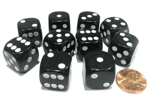 Set of 10 Six Sided Round Corner Opaque 16mm D6 Dice - Black with White Pip - Picture 1 of 1