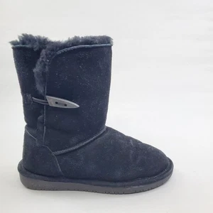 BEARPAW Winter Suede Boots 7 Black Wool Shearling Insulated VICTORIAN Mid calf - Picture 1 of 11
