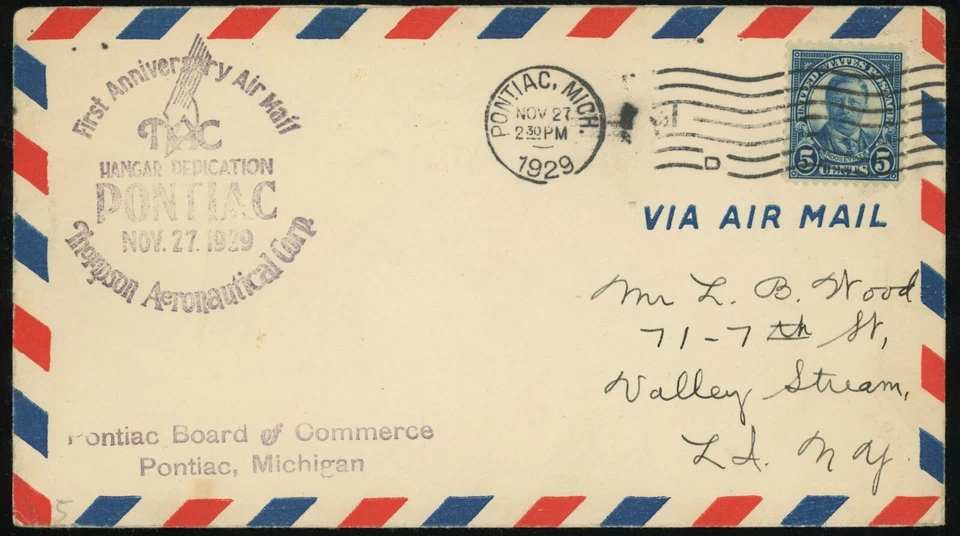 Pontiac Thomson Aeronautic Hangar Dedication 1929 Airmail Cover 5c Postage USA - Image 1 of 1