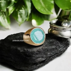 925 Sterling Silber Aqua Chalzedon Ring Siegelring Edelstein Geschenk Schmuck - Bild 1 von 5
