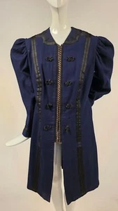 EDWARDIAN BLUE WOOL COAT W PUFF SLEEVES + SILK BRAID TRIM - Picture 1 of 5