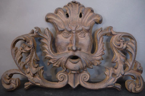 Antique Vintage Cast Iron Pediment  Mustached Face Cover
