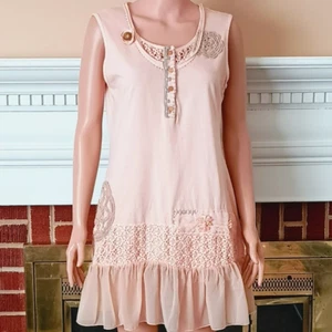 Crochet & Embroidered Easter Dress 10 Blush Pink Ribbon Flowers Sheer Hem - Picture 1 of 16