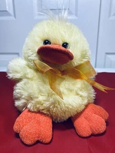 Easter Fluffy Baby Duck Duckling Yellow Fuzzy Plush Stuffed Animal w/Orange Bow - Picture 1 of 10