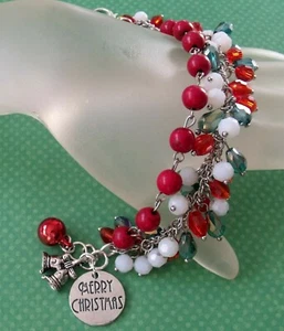 New Festive Green Red White Beads Bells Merry Christmas Charm bracelet - Picture 1 of 7