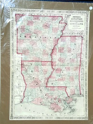 Antiguo mapa de Johnson de Arkansas, Mississippi y Louisiana 1863 era de la Guerra Civil Foto 1 de 4