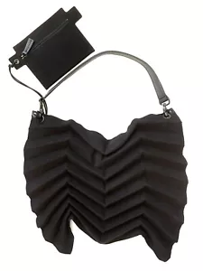 ISSEY MIYAKE PLEATS PLEASE BLACK SUEDE-FINISH ZIG-ZAG BAG w LEATHER STRAP JAPAN - Picture 1 of 9