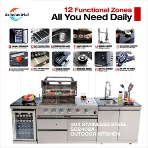 Outdoor Roller Kitchen Island 4 Grill BBQ Bar Rotisserie w/ Refrigerator & Sink - Picture 1 of 16