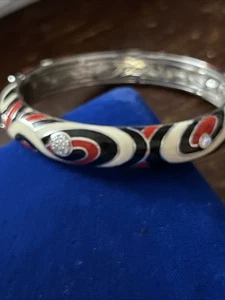 Belle Etoile 925 Silver Red Black White Enamel Bangle Bracelet - Picture 1 of 13