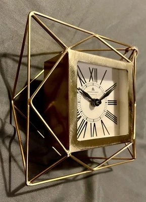 NEW! Art Deco/MCM Brushed Brass Table Clock • 7" Square Gold Metal Cage • Modern - Image 1 of 4