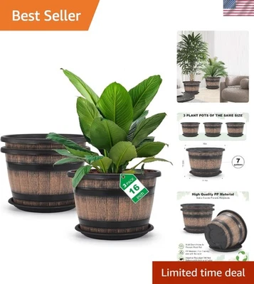 优雅的 16 英寸棕色花盆带排水 – 3 件套威士忌桶设计 — 第 1/4 张图片