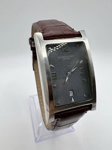 Men’s Kenneth Cole Tank Watch Leather Band New Battery Classy Elegant Sleek - Picture 1 of 21
