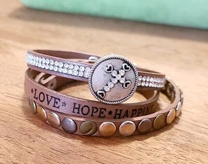 Brown Leather Wrap Snap Bracelet Silver Tone Cross Charm Rhinestones & Bronze... - Picture 1 of 4