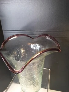 Vintage BLENKO Art Glass 12" Tall Vase Clear Crackle With Amethyst Edge - Picture 1 of 7