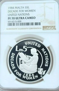 1984 MALTA SILVER 5 LIRI DECADE FOR WOMEN NGC PF 70 ULTRA CAMEO PERFECTION POP 1 - Picture 1 of 4