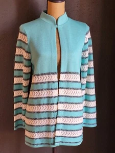 San Remo By Laura Knits Small Open Cardigan In Turquoise Black And White - Picture 1 of 9