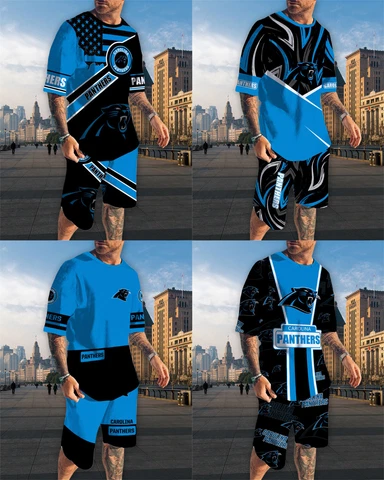 Carolina Panthers Mens 2pcs Outfits Short Sleeve Casual Top Pockets Board Shorts Cover