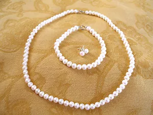 JUEGO - Collar, Pendientes y Pulsera de Perlas Blancas o Rosas Plata Esterlina - Imagen 1 de 12