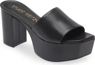 Stuart Weitzman Z2180* Black Leather Square High Platform 95 Sandals Size 8.5 B - Image 1 of 4