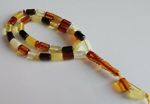 VINTAGE NATURAL BALTIC AMBER MULTI COLOR TUBE BEAD ISLAMIC ROSARY - 33 Beads
