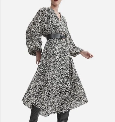Witchery Dress Midi Size 6 Floral Black White Pintuck Long Blouson Sleeve - image 1 of 4