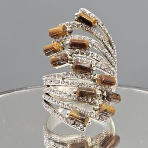 Tigers Eye CZ Ring Sz 9.5 Wrap Spray Open Work Statement Cocktail Silver Tone - Picture 1 of 14