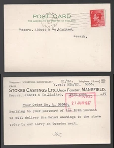 1937 1d KEVIII Stokes Castings Ltd Union Foundry Mansfield postcard - Picture 1 of 3