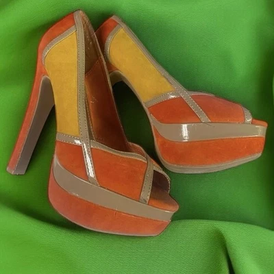 Sz 6 High Heels Peep Toe Anne Michelle Club Pinup Color Block Platform Heel - Image 1 of 4