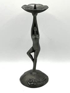 Art Deco Style Nude Woman Holding Flower Metal Silver Color Candle Holder 7.5 in - Picture 1 of 10