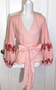 NWOT Stripe INC INT'L CNCEPTS Faux Wrap Top EMBROIDERED FLORAL PUFFY SLEEVES XS - Picture 1 of 10
