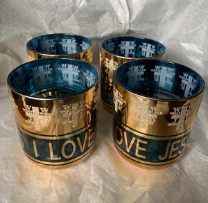 Vtg Blue and Gold “I Love Jesus” Cross WWJD Drinking Glasses Wine 3” Set Of 4 - Picture 1 of 8
