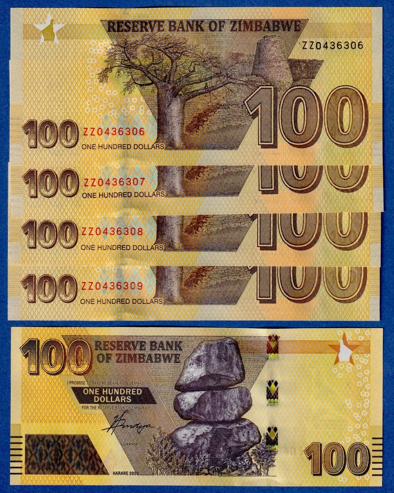 ZIMBABWE $100 (2020 / 2022 ) P-NEW, REPLACEMENT PREFIX "ZZ" aUNC- LOT OF 5 NOTES - Image 1 of 1