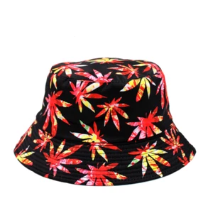 BUCKET HAT PINK LEAF WHITE PRINT SUMMER STYLE REVERSIBLE FOLDABLE UNISEX - Picture 1 of 6