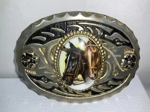 Fibbia cintura cowboy unisex anni 70 **due cavalli** tono argento e oro stile western - Foto 1 di 9