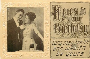 Cartolina Al Tuo Compleanno Coppia Vittoriana Champagne Non Spedita C. 1910 - Foto 1 di 2