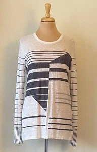 Vince Size L Ivory/Gray Lightweight Linen/Cotton Long Sleeve Sweater Top - Picture 1 of 4