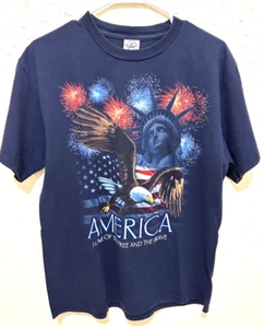 Navy Unisex Patriotic T-Shirt America Home of the Free & the Brave Med - Picture 1 of 4