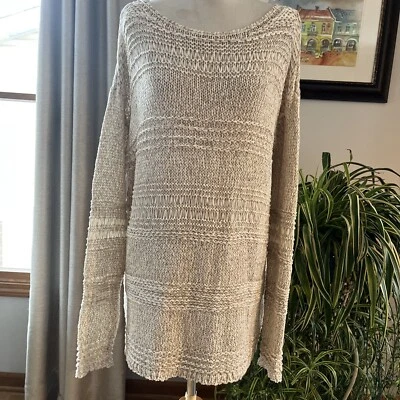 Suéter pulôver BCBG Max Azria bege creme bronzeado malha aberta tamanho grande tamanho P - Imagem 1 de 4