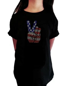 Girls Rhinestone T-Shirt " 4th of July Hand Peace Sign " in All Sizes - Picture 1 of 2