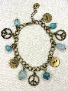 Claires Blue Faux Turquoise Bronze Tone Peace Signs Charms Chain Bracelet 8 Inch - Picture 1 of 18